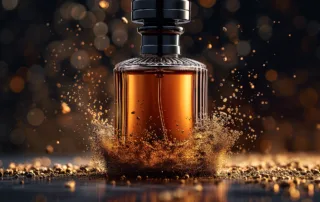 Mit AI Mitjourney erstelles Bild, zeigt eine Parfümflasche im Goldstaub
